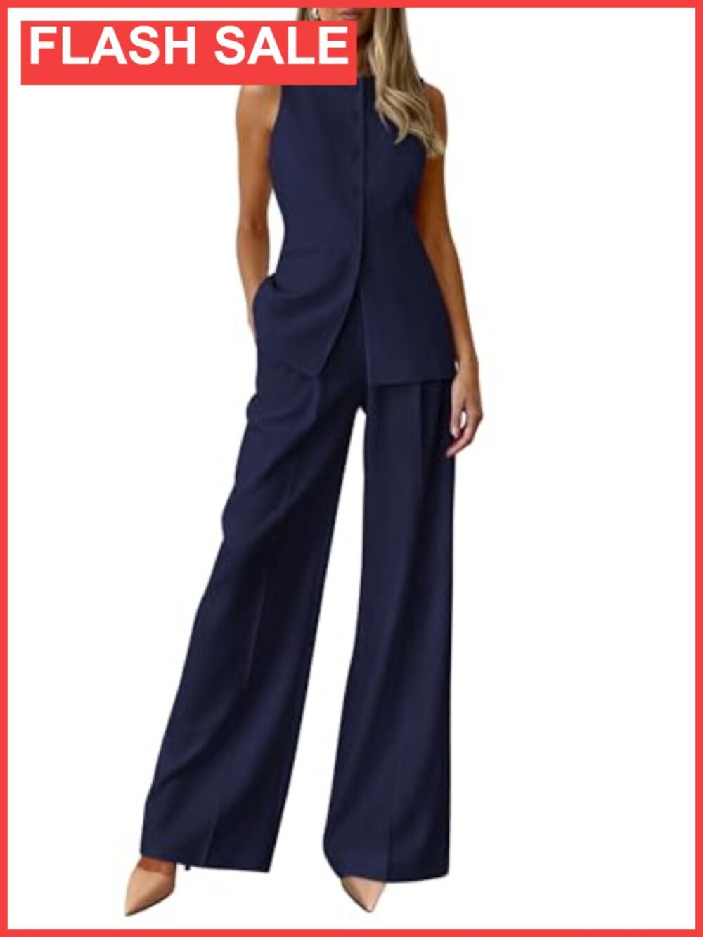 Women's 2 Piece Business Casual Pantsuit Set Sleeveless Vest Wide Leg Pants